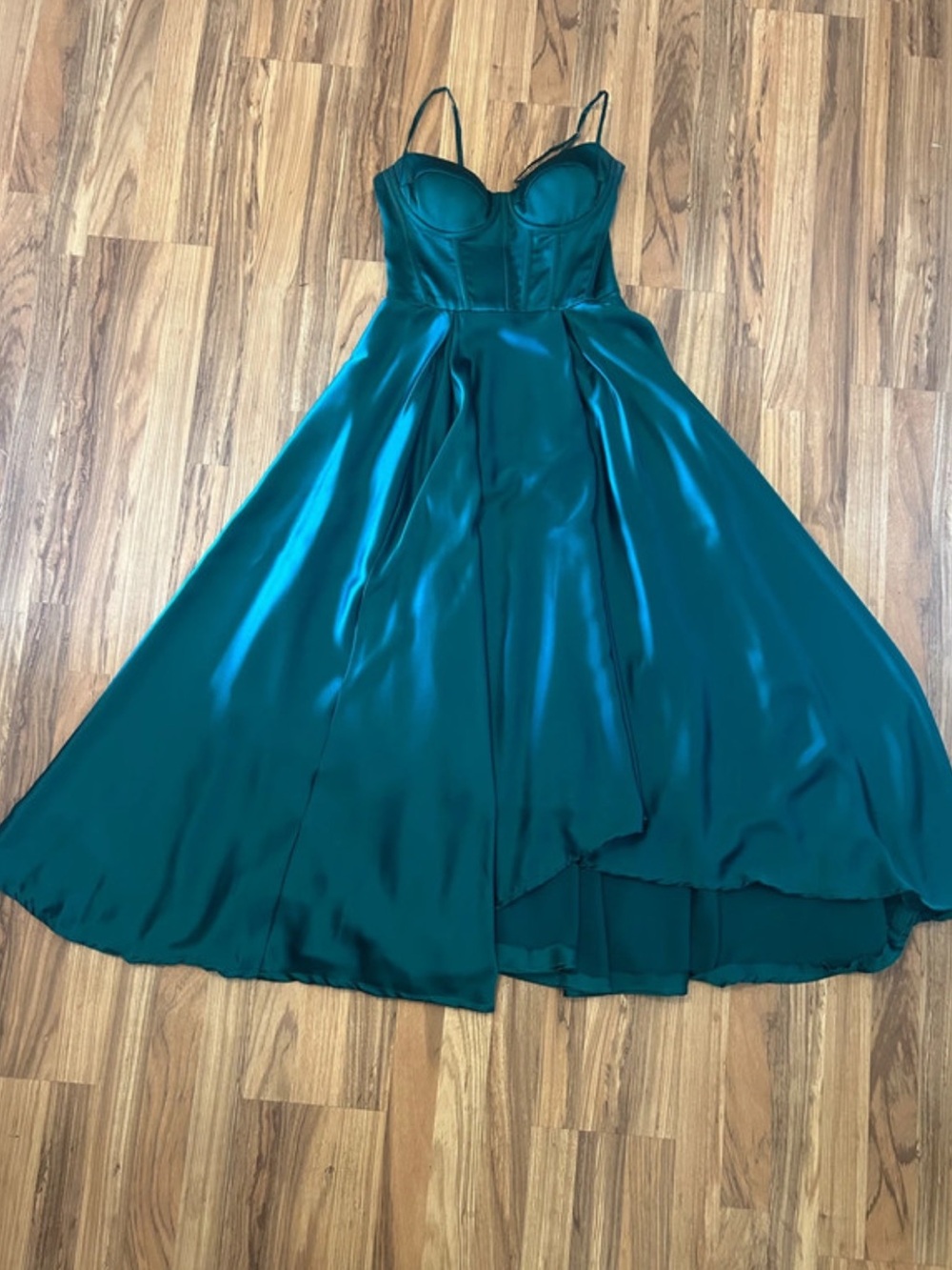 Satin Teal Spaghetti-Strap Prom Dress with Sweetheart Bust